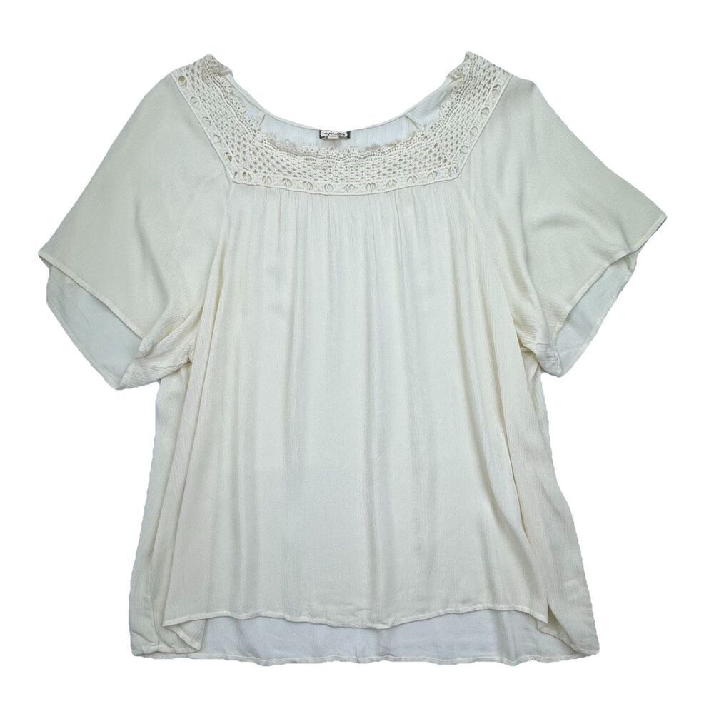 Women's Cream Crochet Yoke Short Sleeve Top